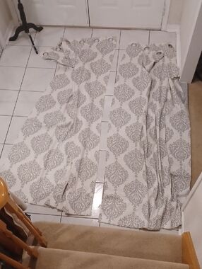 4/$80 Long White Curtains With Elegant Gray Pattern & Grommets - Set Of 2